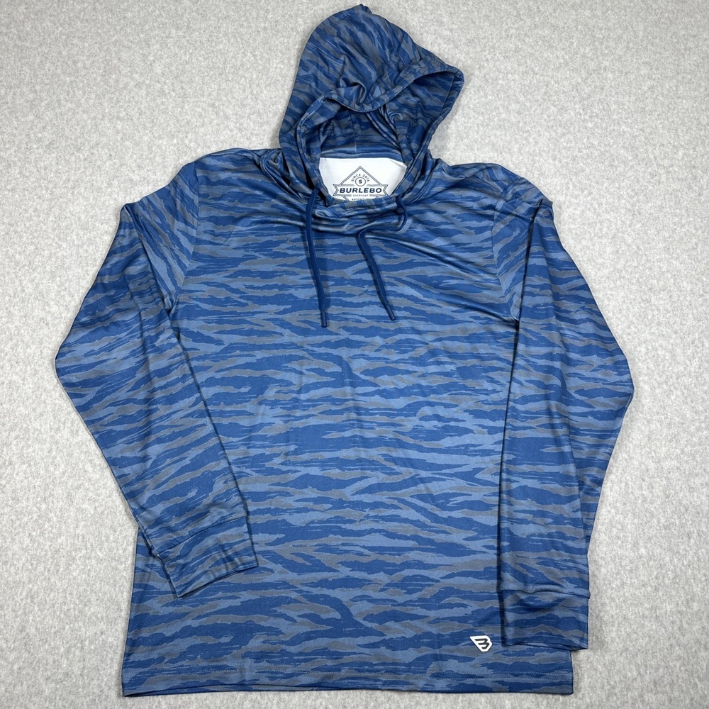 Burlebo Performance Hoodie Men's Small Blue Tiger Stripe Camo Fishing Pullover